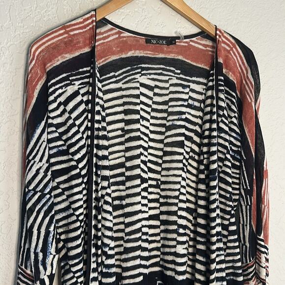 NIC+ZOE Blue White Stripe Linen Sweater Cardigan Artsy Coastal Nautical Preppy - Picture 2 of 6